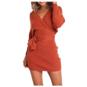 🔖3for$25 mansy | Orange Dolman Sleeve Mock Wrap Mini Sweater Dress with Tie